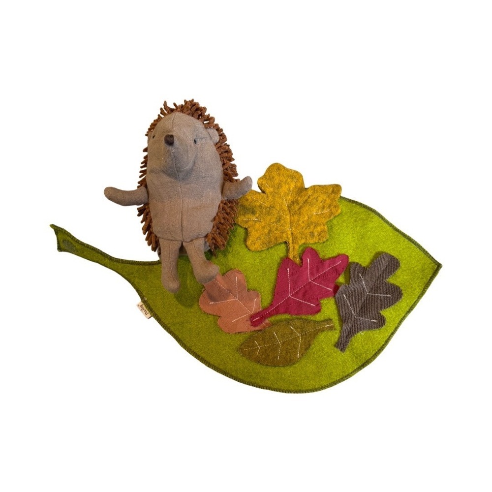 Maileg Baby Hedgehog in Leaf Plush Toy Autumn Fall Linen Felt Brown Green